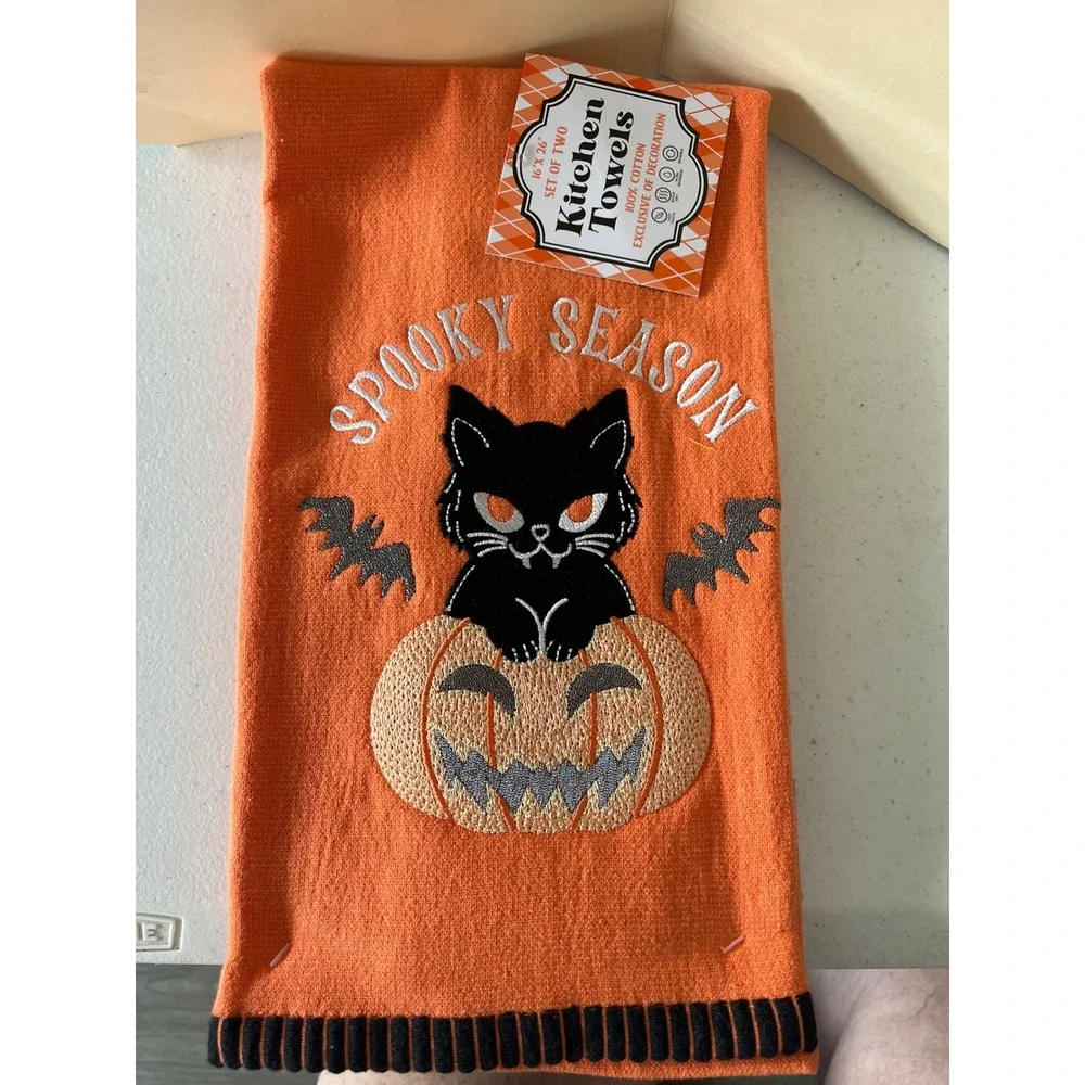 Set of 2 Spooky Season Halloween Kitchen Towels Orange Black Cat Pumpkin Cotton